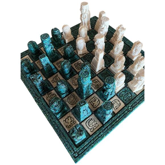 Vintage Stone Chess Set: Green & Cream Aztec Board w/ Pieces - Picture 1 of 7